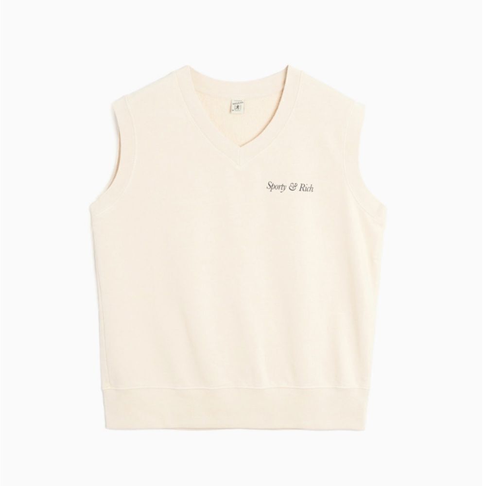 Sporty & Rich Italic Logo Sleeveless V-Neck Unisex Vest Beige Size Medium - Picture 1 of 7